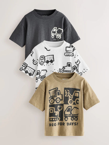 |Boy| Pacote Com 3 Camisetas Pretas De Manga Curta Com Estampa De Escavador (3 meses a 7 anos)