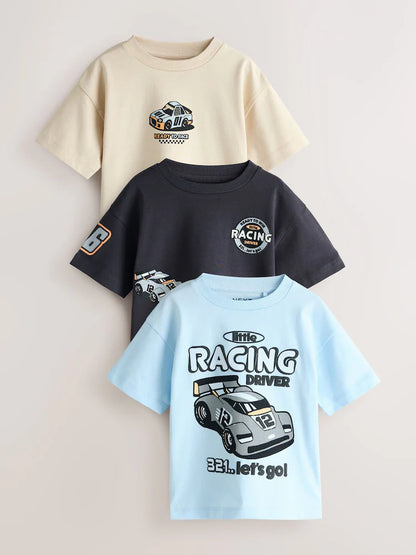 |Boy| Pacote Com 3 Camisetas De Manga Curta Com Estampa De Carro De Corrida Em Preto e Cinza (3 meses a 7 anos)