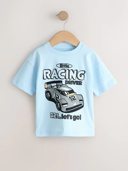 |Boy| Pacote Com 3 Camisetas De Manga Curta Com Estampa De Carro De Corrida Em Preto e Cinza (3 meses a 7 anos)