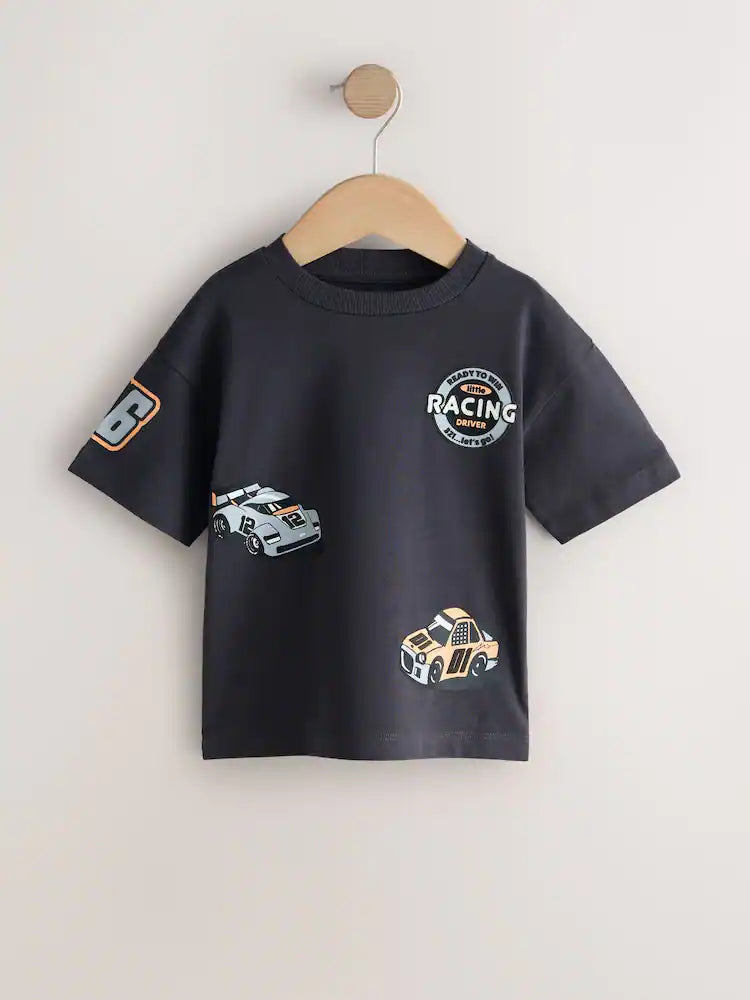 |Boy| Pacote Com 3 Camisetas De Manga Curta Com Estampa De Carro De Corrida Em Preto e Cinza (3 meses a 7 anos)