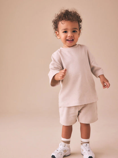 |Boy| Conjunto De Camiseta De Manga Curta e Shorts Texturizados Na Cor Cru (3 meses a 7 anos)