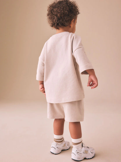 |Boy| Conjunto De Camiseta De Manga Curta e Shorts Texturizados Na Cor Cru (3 meses a 7 anos)