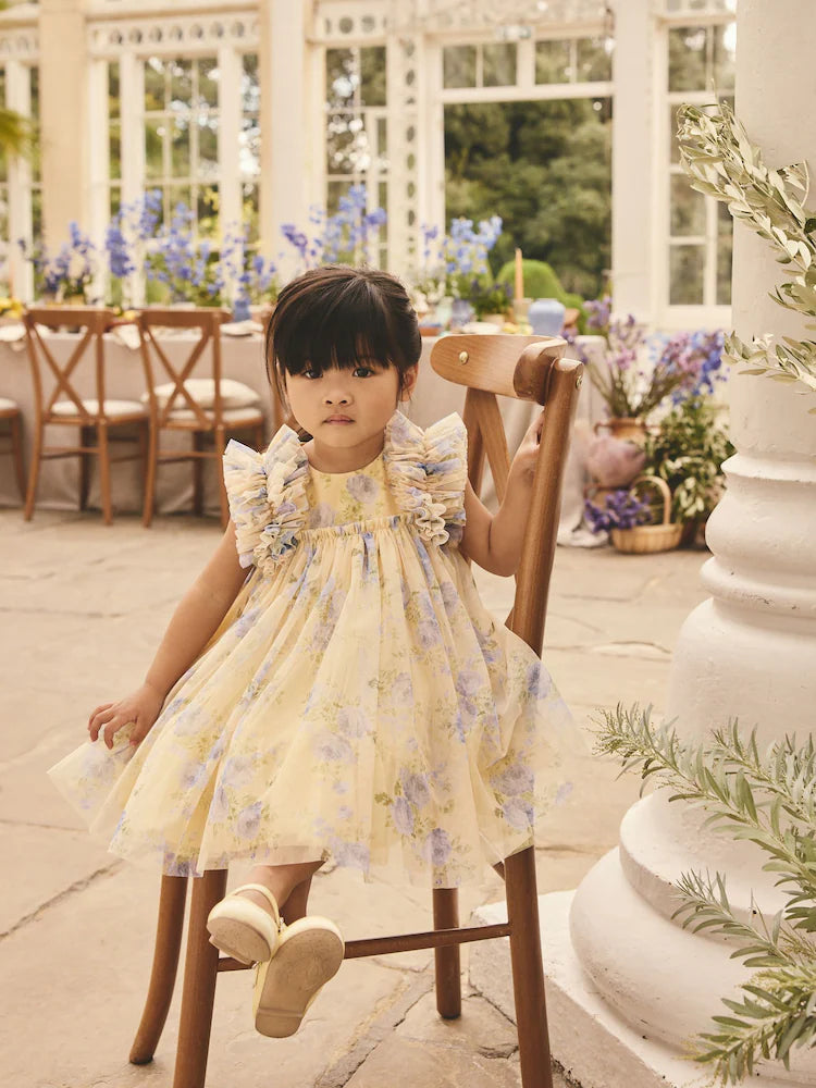 |Girl| Vestido De Tule Amarelo com Babados nos Ombros (3 meses a 7 anos)