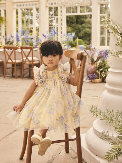 |Girl| Vestido De Tule Amarelo com Babados nos Ombros (3 meses a 7 anos)