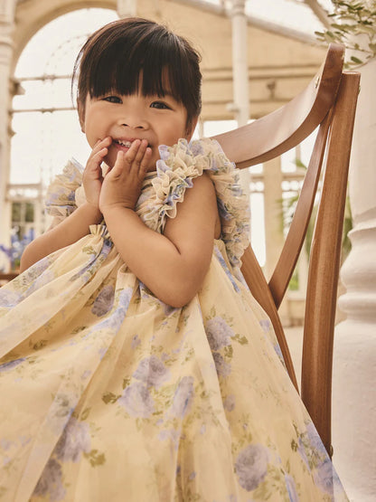 |Girl| Vestido De Tule Amarelo com Babados nos Ombros (3 meses a 7 anos)