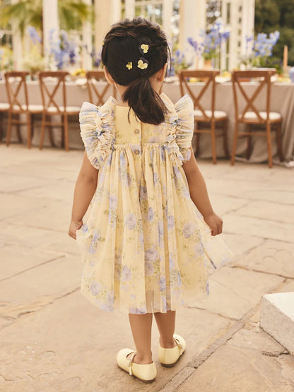 |Girl| Vestido De Tule Amarelo com Babados nos Ombros (3 meses a 7 anos)