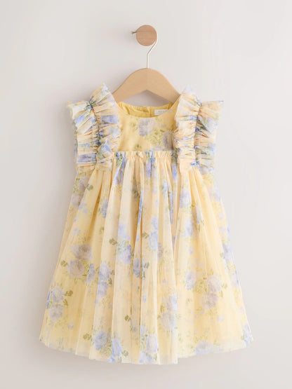 |Girl| Vestido De Tule Amarelo com Babados nos Ombros (3 meses a 7 anos)