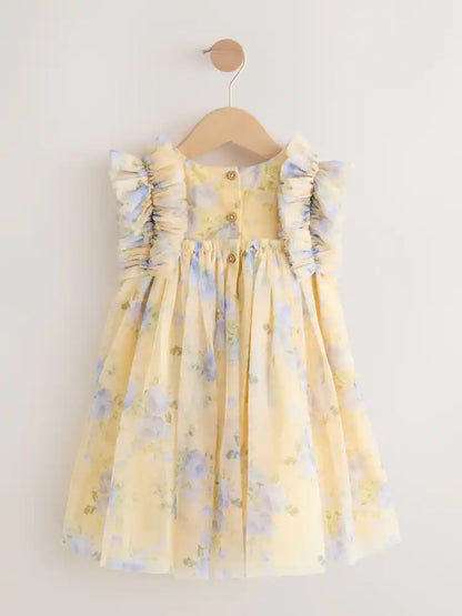 |Girl| Vestido De Tule Amarelo com Babados nos Ombros (3 meses a 7 anos)