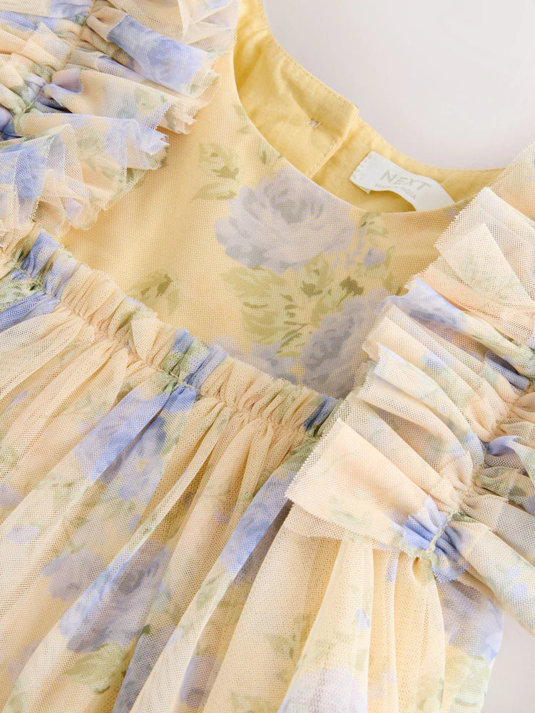|Girl| Vestido De Tule Amarelo com Babados nos Ombros (3 meses a 7 anos)