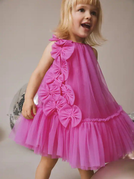|Girl| Vestido de tule sem mangas com laços rosa-choque (3 meses a 7 anos)