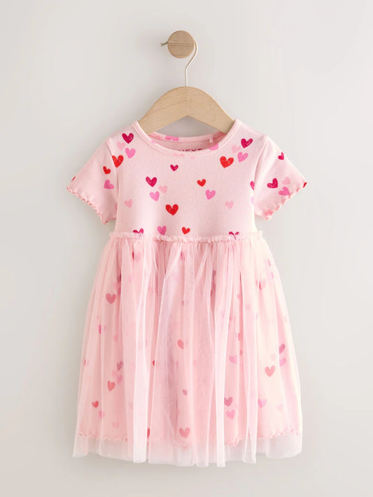 |Girl| Vestido Com Saia De Tule e Corações Rosa (3 meses a 7 anos)