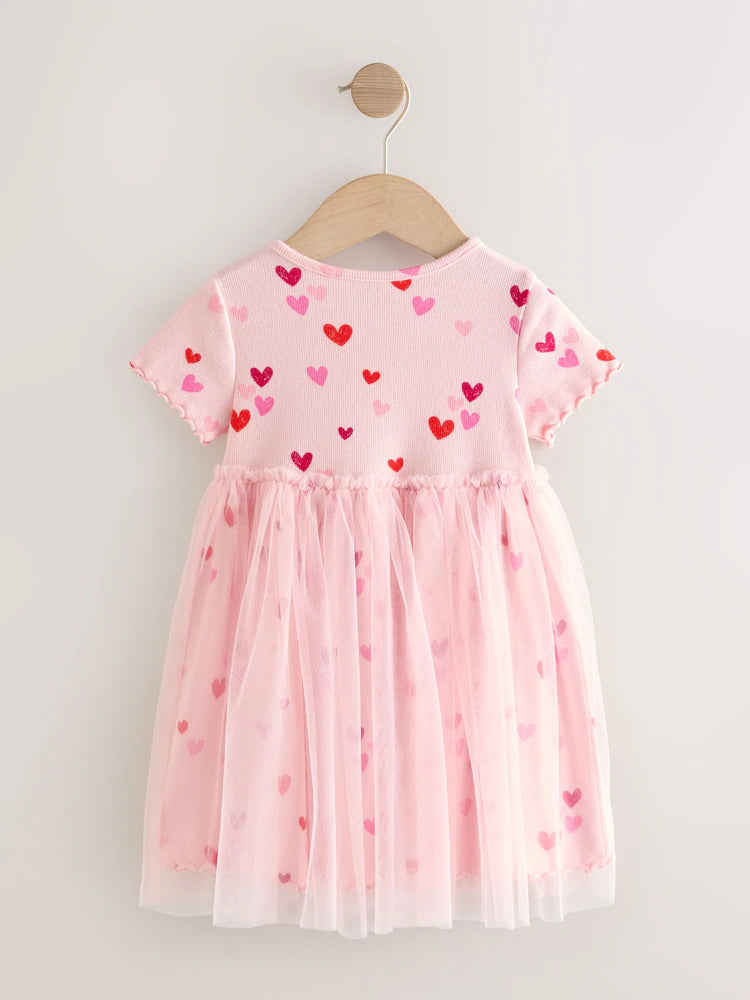 |Girl| Vestido Com Saia De Tule e Corações Rosa (3 meses a 7 anos)