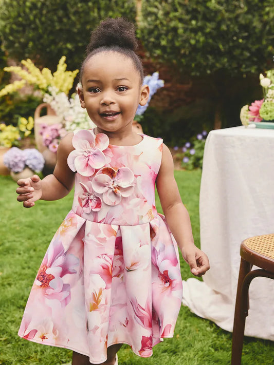 |Girl| Vestido de Festa Floral Rosa em Tecido Scuba (3 meses a 7 anos)