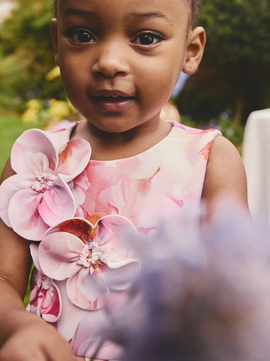 |Girl| Vestido de Festa Floral Rosa em Tecido Scuba (3 meses a 7 anos)