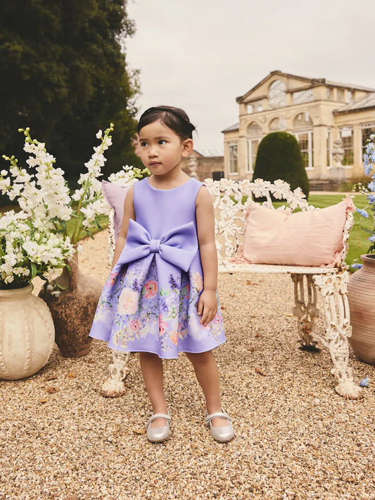 |Girl| Vestido de Festa em Tecido Scuba com Estampa Floral Lilás (3 meses a 7 anos)