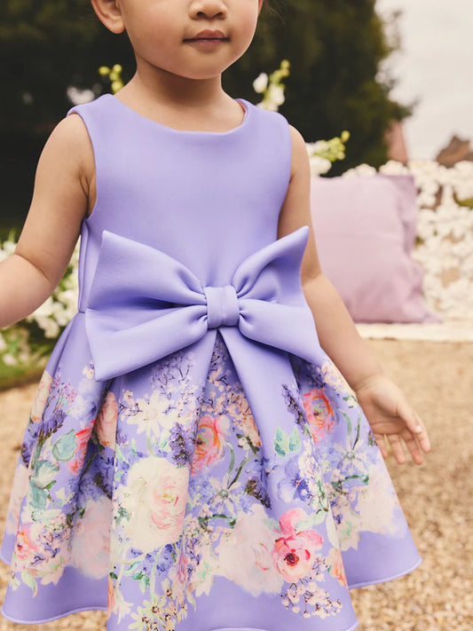 |Girl| Vestido de Festa em Tecido Scuba com Estampa Floral Lilás (3 meses a 7 anos)