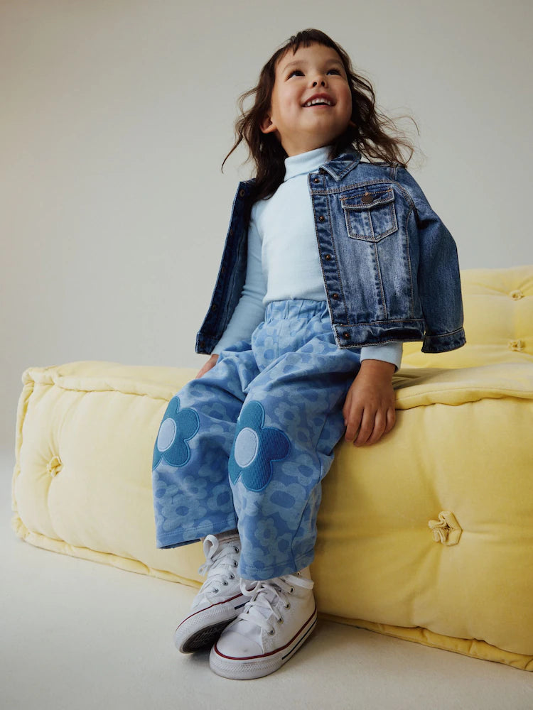 |Girl| Calças Barril Com Detalhes De Flores Azuis (3 meses a 7 anos)