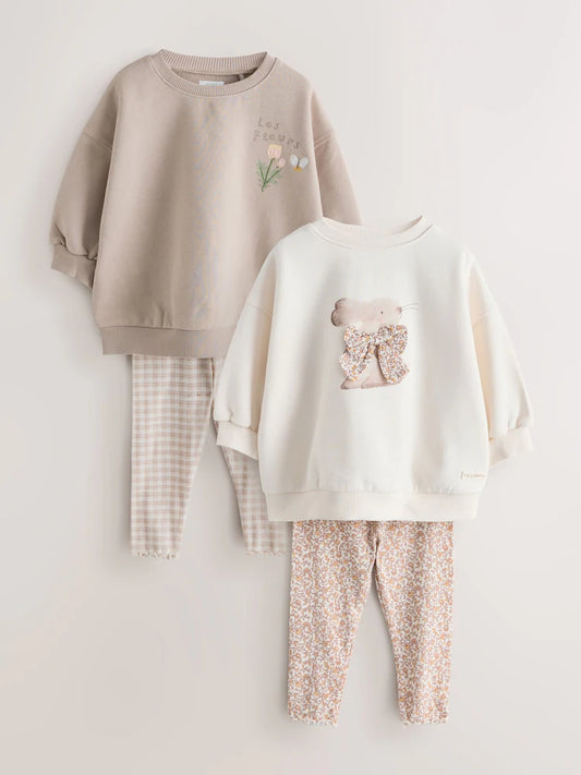 |Girl| Conjunto De Moletom e Legging Neutros (2 peças, tamanhos de 3 meses a 7 anos)