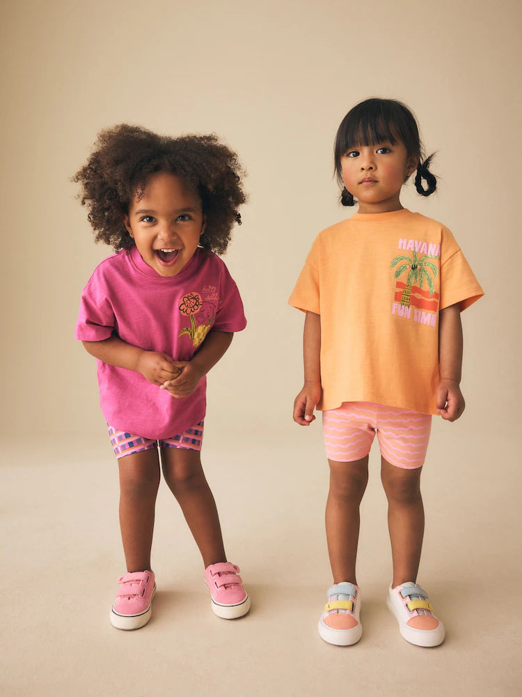 |Girl| Conjunto De Blusa Rosa/Laranja e Shorts De Ciclismo (2 peças, Tamanhos de 3 Meses a 7 anos)