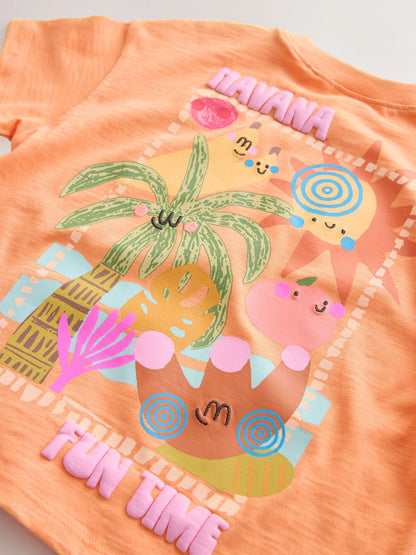 |Girl| Conjunto De Blusa Rosa/Laranja e Shorts De Ciclismo (2 peças, Tamanhos de 3 Meses a 7 anos)