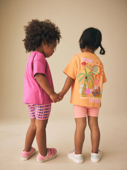 |Girl| Conjunto De Blusa Rosa/Laranja e Shorts De Ciclismo (2 peças, Tamanhos de 3 Meses a 7 anos)