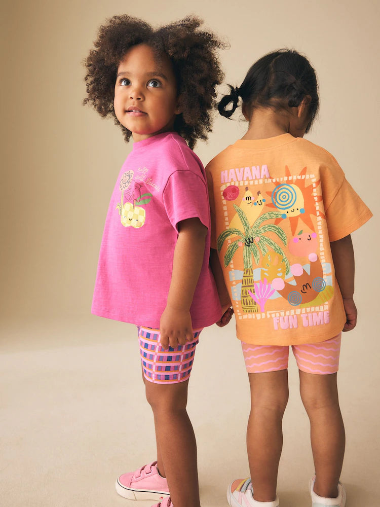 |Girl| Conjunto De Blusa Rosa/Laranja e Shorts De Ciclismo (2 peças, Tamanhos de 3 Meses a 7 anos)