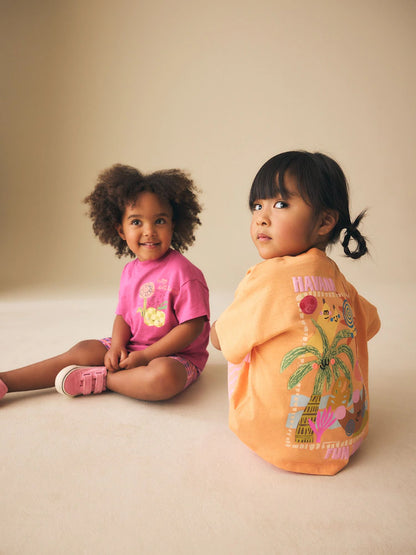 |Girl| Conjunto De Blusa Rosa/Laranja e Shorts De Ciclismo (2 peças, Tamanhos de 3 Meses a 7 anos)