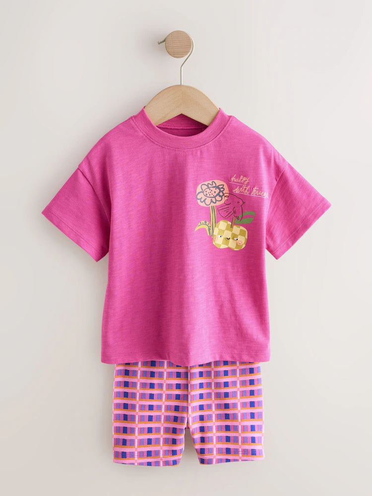 |Girl| Conjunto De Blusa Rosa/Laranja e Shorts De Ciclismo (2 peças, Tamanhos de 3 Meses a 7 anos)