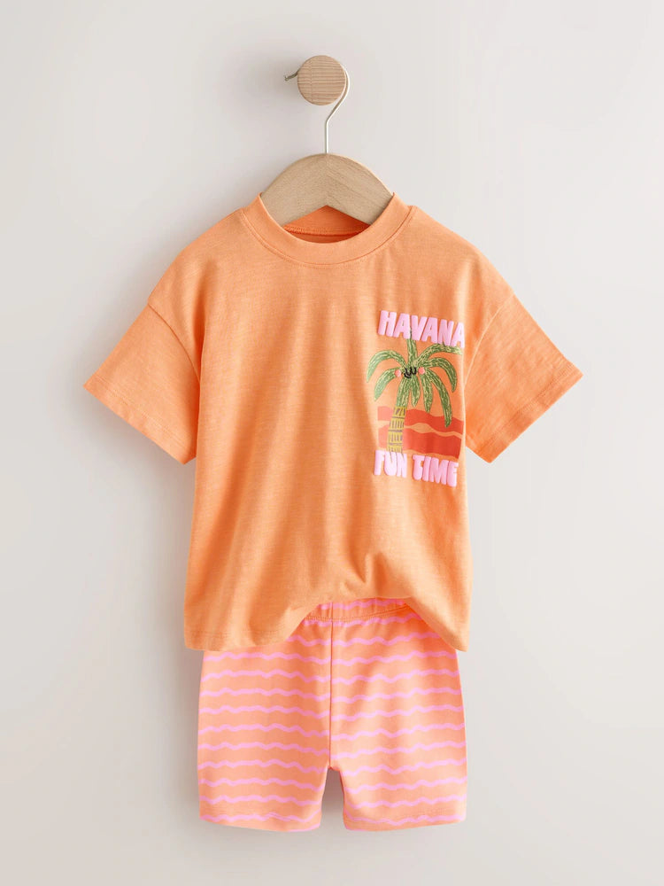 |Girl| Conjunto De Blusa Rosa/Laranja e Shorts De Ciclismo (2 peças, Tamanhos de 3 Meses a 7 anos)
