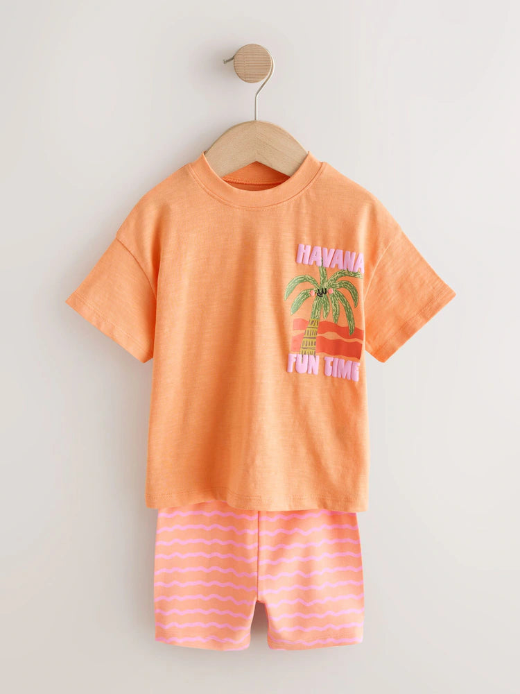 |Girl| Conjunto De Blusa Rosa/Laranja e Shorts De Ciclismo (2 peças, Tamanhos de 3 Meses a 7 anos)
