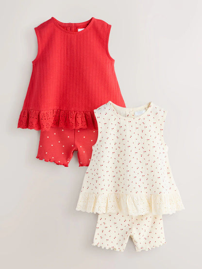 |Girl| Kit com 2 Conjuntos de Regata e Shorts Vermelho e Branco (3 meses a 7 anos)