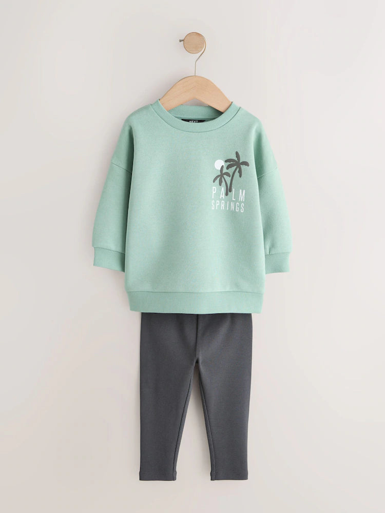 |Boy| Conjunto De Moletom Com Gola Redonda e Leggings Verde-Sálvia (3 meses a 7 anos)