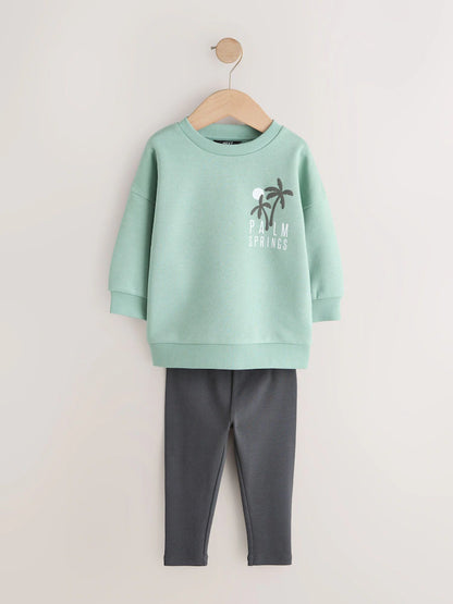 |Boy| Conjunto De Moletom Com Gola Redonda e Leggings Verde-Sálvia (3 meses a 7 anos)