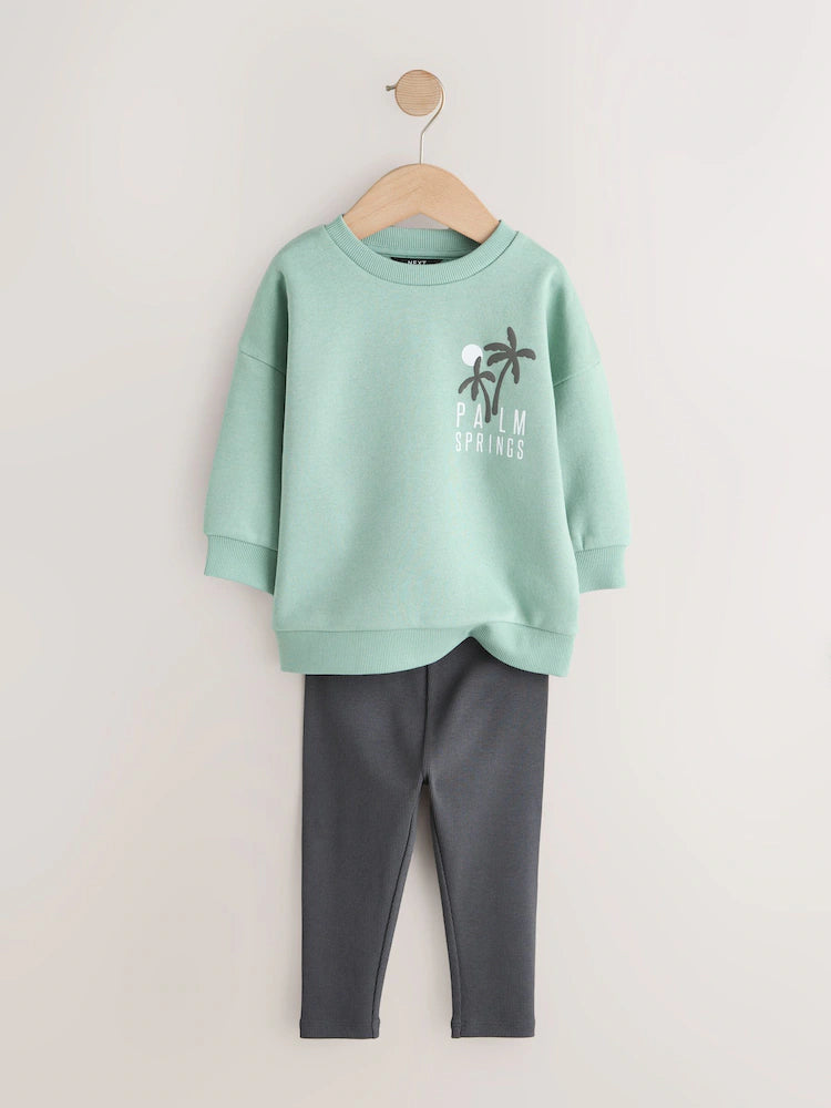 |Boy| Conjunto De Moletom Com Gola Redonda e Leggings Verde-Sálvia (3 meses a 7 anos)