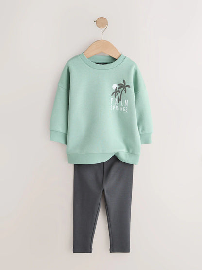 |Boy| Conjunto De Moletom Com Gola Redonda e Leggings Verde-Sálvia (3 meses a 7 anos)