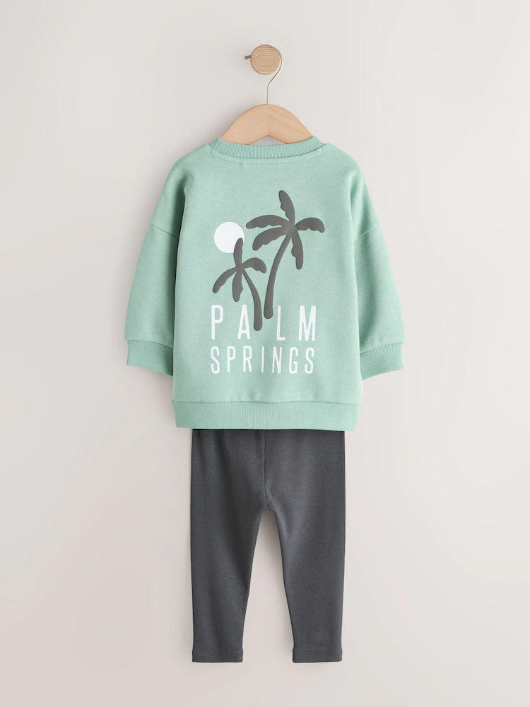 |Boy| Conjunto De Moletom Com Gola Redonda e Leggings Verde-Sálvia (3 meses a 7 anos)