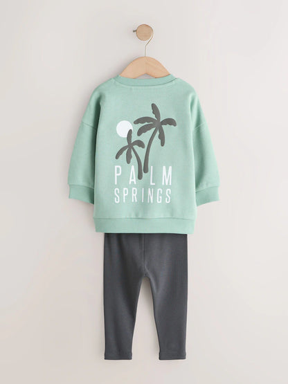 |Boy| Conjunto De Moletom Com Gola Redonda e Leggings Verde-Sálvia (3 meses a 7 anos)