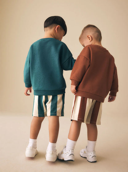 |Boy| Conjunto De Moletom Com Gola Redonda e Shorts Nas Cores Marrom Ferrugem e Verde-azulado (3 meses a 7 anos)