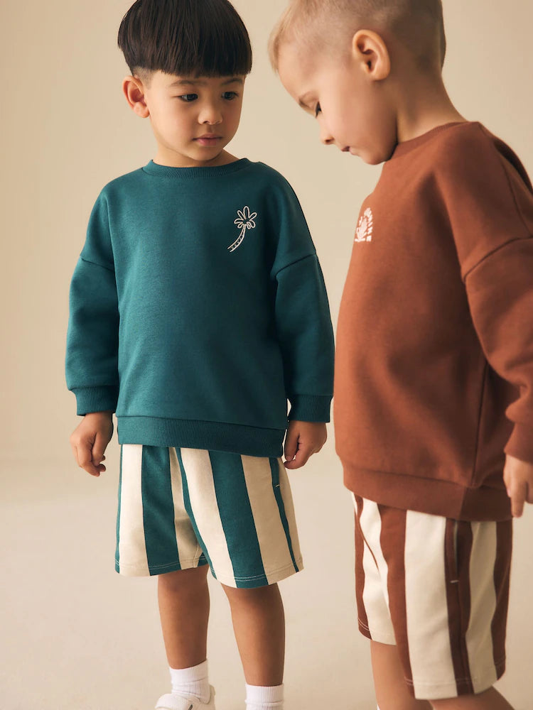 |Boy| Conjunto De Moletom Com Gola Redonda e Shorts Nas Cores Marrom Ferrugem e Verde-azulado (3 meses a 7 anos)