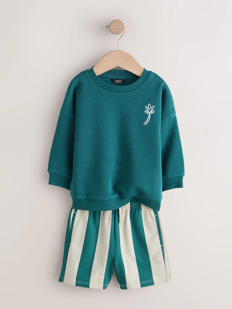 |Boy| Conjunto De Moletom Com Gola Redonda e Shorts Nas Cores Marrom Ferrugem e Verde-azulado (3 meses a 7 anos)