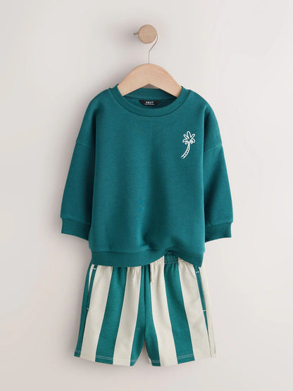 |Boy| Conjunto De Moletom Com Gola Redonda e Shorts Nas Cores Marrom Ferrugem e Verde-azulado (3 meses a 7 anos)