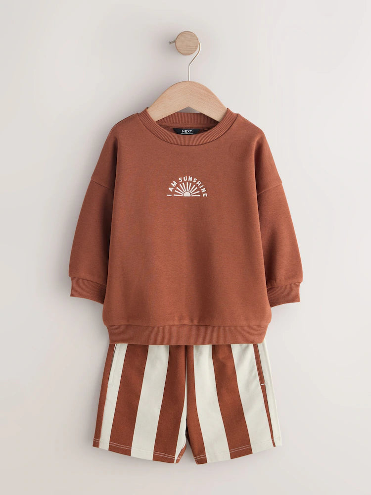 |Boy| Conjunto De Moletom Com Gola Redonda e Shorts Nas Cores Marrom Ferrugem e Verde-azulado (3 meses a 7 anos)