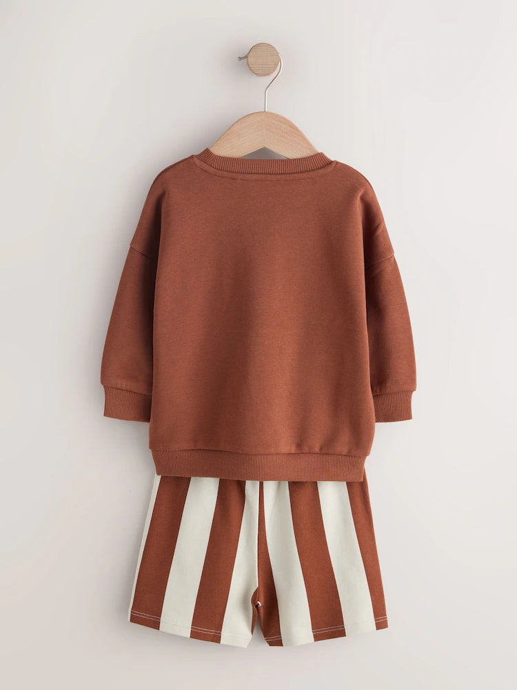 |Boy| Conjunto De Moletom Com Gola Redonda e Shorts Nas Cores Marrom Ferrugem e Verde-azulado (3 meses a 7 anos)
