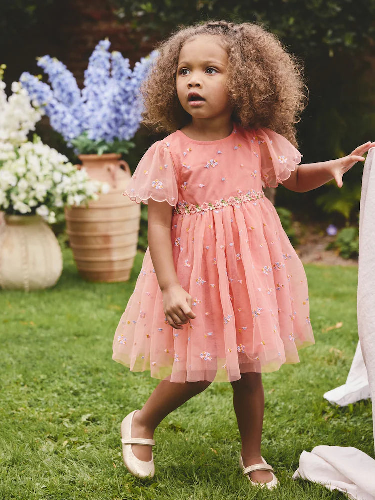 |Girl| Vestido De Tule Bordado Rosa Pêssego (3 meses a 8 anos)