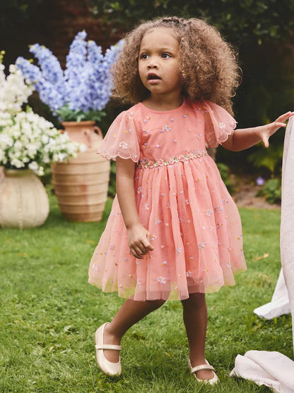 |Girl| Vestido De Tule Bordado Rosa Pêssego (3 meses a 8 anos)