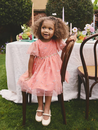 |Girl| Vestido De Tule Bordado Rosa Pêssego (3 meses a 8 anos)