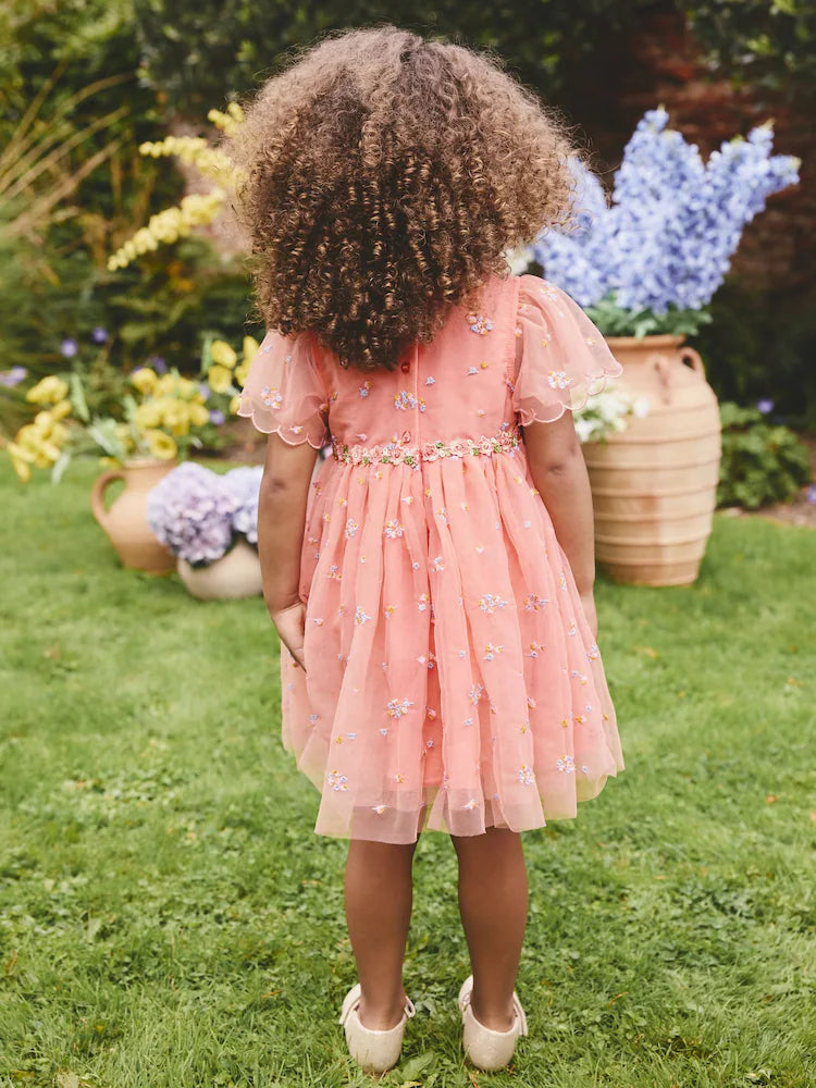 |Girl| Vestido De Tule Bordado Rosa Pêssego (3 meses a 8 anos)