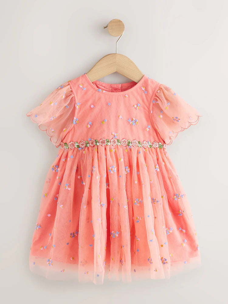 |Girl| Vestido De Tule Bordado Rosa Pêssego (3 meses a 8 anos)