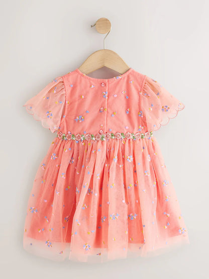 |Girl| Vestido De Tule Bordado Rosa Pêssego (3 meses a 8 anos)