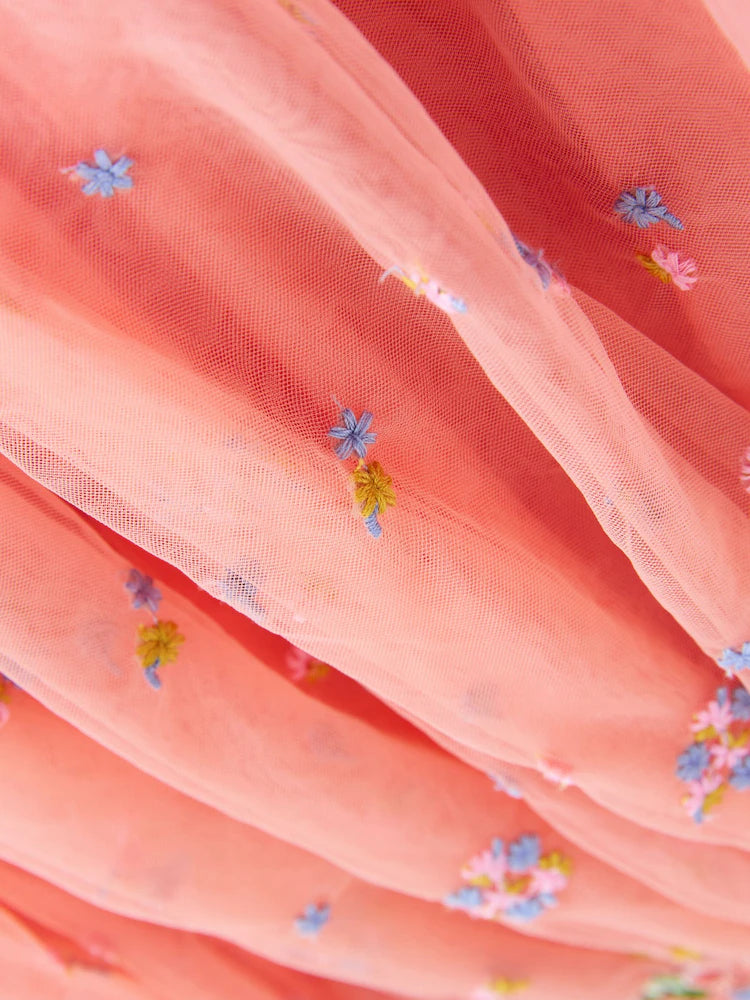 |Girl| Vestido De Tule Bordado Rosa Pêssego (3 meses a 8 anos)